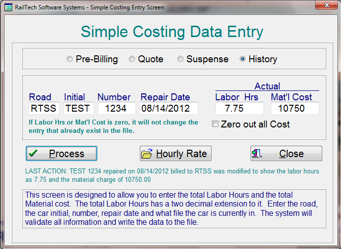 Simple Costing Input Screen