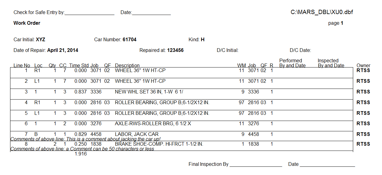 Work Order Input Screen